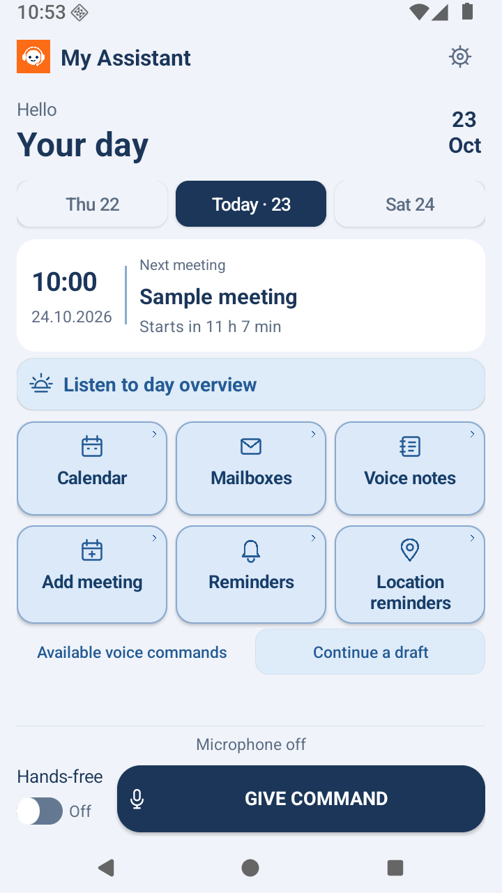 Actual My Assistant 0.103 home screen in English