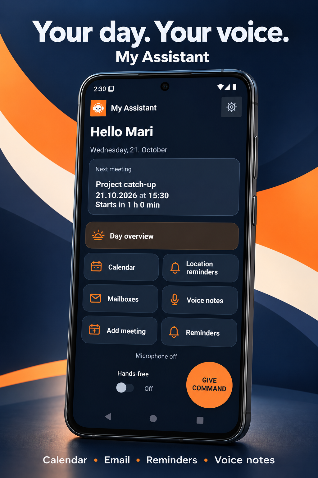 My Assistant — Your day. Your voice. English app home screen